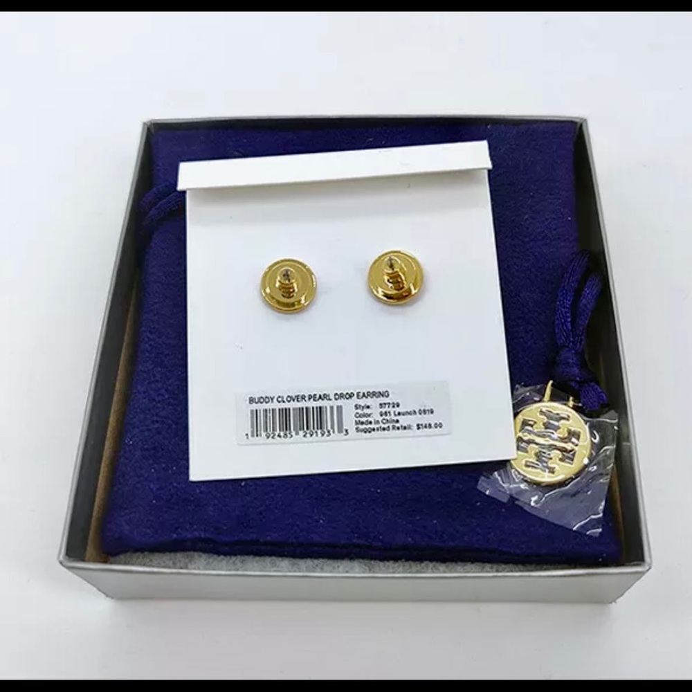 ♥️Sold♥️TORY BURCH Gold/White Stud Clover Pearl Earrings - Picture 5 of 6